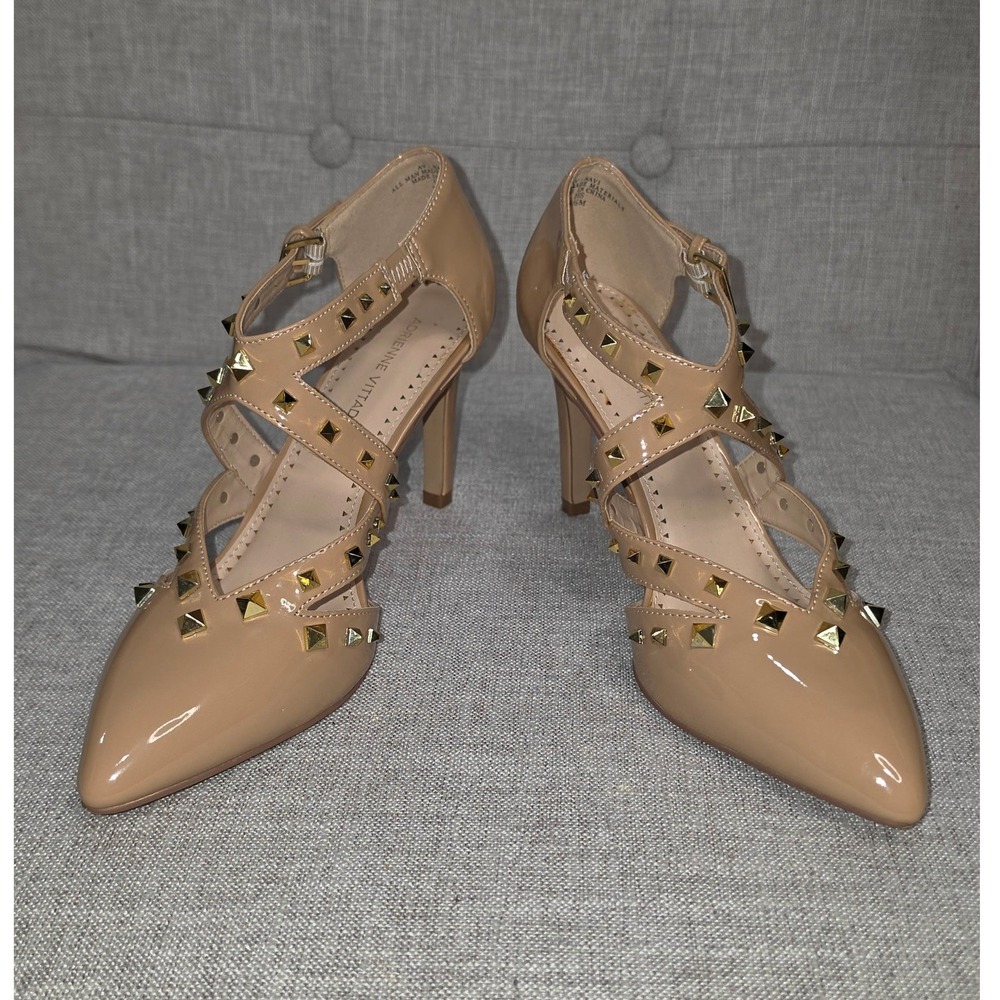Adrienne Vittadini Nude Patent Studded Strappy Pointed Toe Pumps 8.5M